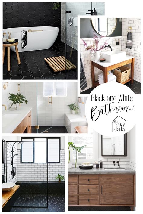 Black and white is such a versatile color scheme—you can liven it up with bright towels, or ground it with natural colors and textures. That's why it's perfect for a modern farmhouse master bathroom. Bathroom Mood Board Inspiration, Scandi Bathroom, Bathroom Mood Board, White Bathrooms, Country Bathroom Decor, Small Bathtub, Black And White Bathroom, House Bathrooms, Farmhouse Master