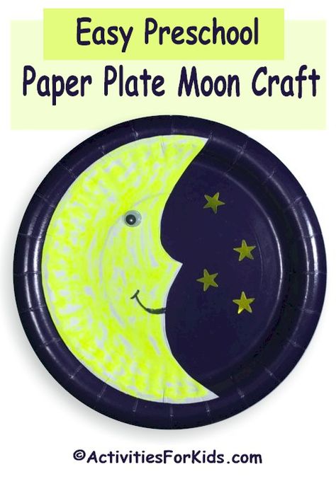 Paper Plate Moon Craft is an easy classroom activity for toddlers.  Printable man-in-the-moon template.  Several designs to choose from  Activities for Kids Moon Crafts Preschool, Sleep Activities For Kids, Moon Activities, Space Crafts For Kids, Moon Crafts, Preschool Arts And Crafts, Summer Crafts For Kids, Outdoor Activities For Kids, Good Night Moon