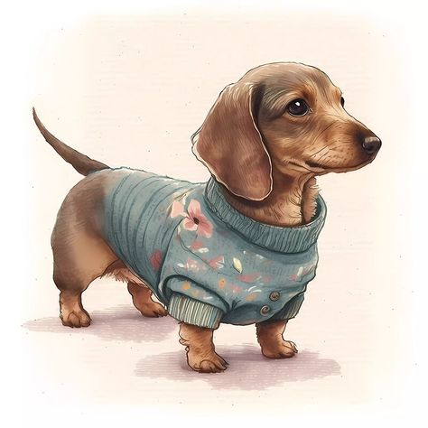 Wiener Dog Painting, Sausage Dog Painting, Sausage Dog Drawing, Dachshund Dog Drawing, Sausage Dog Illustration, Cottage Nature, Dog Weiner, Arte Dachshund, Dachshund Drawing