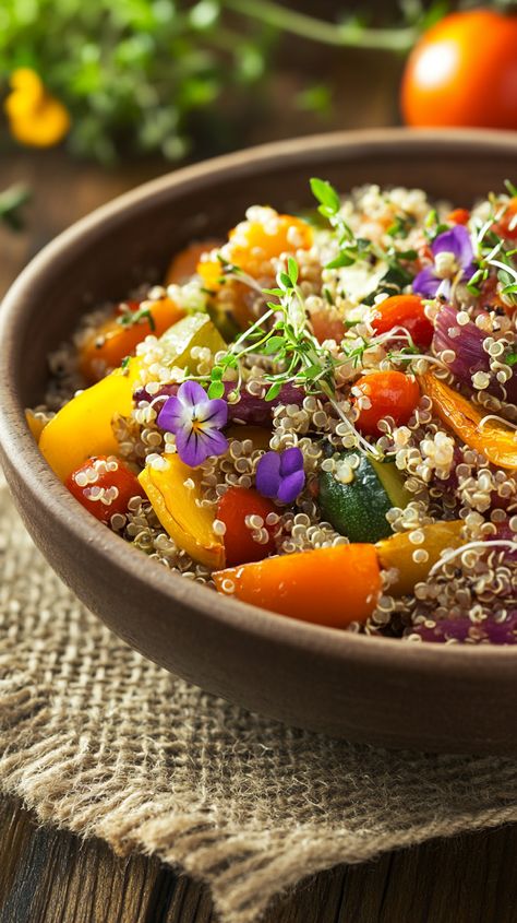 ✨ Fresh Quinoa Salad with Roasted Vegetables and Microgreens Delight 🌱🥗 

This vibrant salad features a medley of colorful roasted veggies nestled atop fluffy quinoa, all beautifully displayed in a rustic bowl. The earthy natural light highlights the textures, while a simple burlap backdrop and scattered edible flowers add charm to this fresh dish. Perfect for a healthy and aesthetic meal! 🌼🥕 

#QuinoaSalad #EdibleFlowers #RusticStyle #ColorfulVeggies Burlap Backdrop, Vibrant Salad, Health Soup, Fluffy Quinoa, Rustic Bowl, Fresh Dishes, Light Highlights, Gluten Sensitivity, Post Workout Food