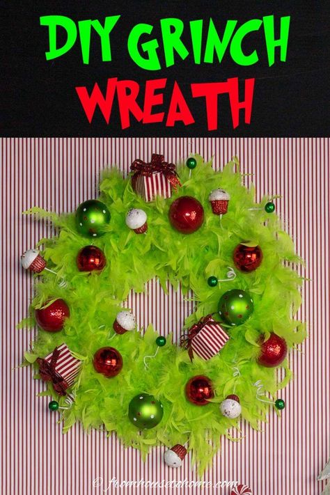 This lime green and red DIY Grinch wreath is so easy to make and looks great on the wall or as a Grinch Christmas door decoration. Diy Grinch Wreath, Grinch Christmas Door, Glamping Christmas, A Grinch Christmas, Diy Grinch, Grinch Crafts, Grinch Wreath, Red Christmas Ornaments, Christmas Door Decoration