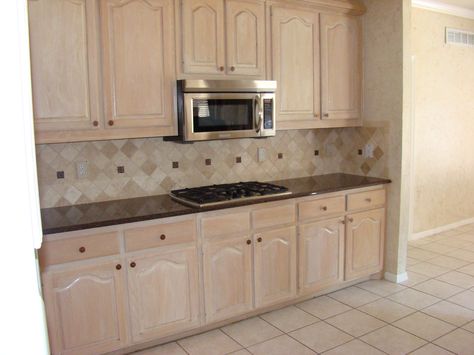 kitchens with pickled oak cabinets | Kitchen Remodel: Before & After Bleached Oak Cabinets, Whitewash Kitchen Cabinets, Island Backsplash, Light Oak Cabinets, White Oak Kitchen Cabinets, Kitchen Quartz, Hickory Kitchen Cabinets, Hickory Kitchen, Honey Oak Cabinets