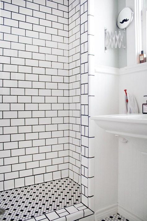 How to Clean Your Shower and Keep it That Way: 5 Quick Tips Dark Grout, Black Grout, Subway Tiles Bathroom, White Bathroom Tiles, White Subway Tiles, Black And White Tiles, Bathroom Shower Tile, White Subway Tile, White Shower