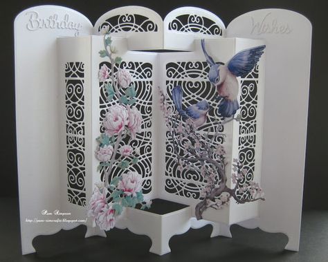 Pop Out Cards, Screen Cards, 3d Birthday Card, Asian Cards, Tattered Lace Cards, Carnation Crafts, Card Folds, Fun Folds, Step Cards