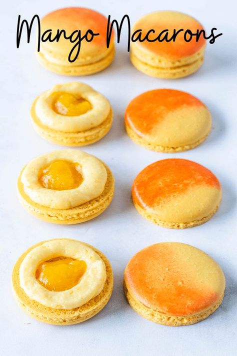 Mango Macarons filled with Mango buttercream and Mango Jam #mango #tropical #macarons #orange #airbrush #yellow #frenchmacarons #glutenfree #cookies #treats #summer Mango Macarons, Mango Buttercream, French Macaroon Recipes, Macarons Recipe, Macaron Filling, Mango Jam, Macaroon Cookies, Macaron Flavors, Macaron Cookies