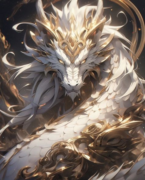 Angel Dragon Art, White And Gold Dragon, White Dragon Art, Divine Dragon, Angel Dragon, Legendary Dragons, Mythical Creatures Fantasy, Dragon Artwork Fantasy, Golden Dragon