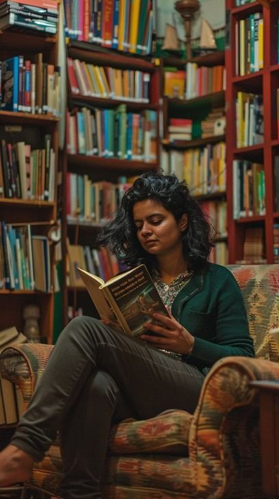 In a quiet corner of a warmly lit library, a person is completely immersed in a story, with the weight of a good book in hand. Surrounded by the tranquil sanctuary of endless knowledge, they seem to escape into another world, one page at a time. The comfortable armchair and the vivid backdrop of colorful book spines create an intimate atmosphere for personal discovery and relaxation. Sitting And Reading Pose, Person In Library, Person Reading Reference, Person Holding Book, Relaxed Poses Reference, Head Resting On Hand Pose, Reading Pose, Reading Reference, Library Nook