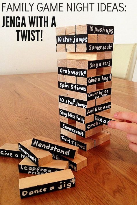 Family game night idea - it's Jenga with a twist! Such great family fun. Family Game Night Ideas, Game Night Ideas, Compost Tumbler, Jenga Game, Family Fun Night, Family Home Evening, Bachelorette Party Games, בר מצווה, Yard Games