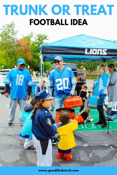 We took the kids to their first trunk or treat event in Metro Detroit! They had a blast! Look at this trunk or treat football theme! I thought it was pretty cool because they did a Detroit Lions football theme. They set up a tent with a DIY football rug and they wore their Detroit Lions football jerseys. One guy even had candy in a grill (unlit of course) for the kids to get their candy. Really cool! #goodlifedetroit #trunkortreat #trunkortreatfootball #Detroit Football Themed Trunk Or Treat, Trunk Or Treat Football Theme, Football Trunk Or Treat Ideas, Football Trunk Or Treat, Trunk Or Treat Car Ideas, Football Rug, Football Diy, Detroit Lions Football, Football Tailgate