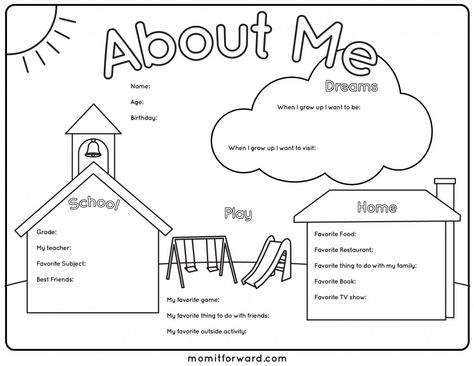 Filling out an About Me page for your kids during the year is a great way to capture information about their likes and dislikes. Here is kid friendly form. Preschool About Me, About Me Printable, About Me Worksheet, Me Worksheet, Creative Writing Worksheets, All About Me Poster, All About Me Printable, All About Me Book, All About Me Worksheet