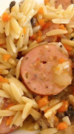 Three Cheese Italian Sausage and Vegetable Orzo Vegetable Orzo, Orzo Recipe, Smoked Sausage Recipes, Pastas Recipes, Sausage Dishes, Sausage Bake, Orzo Recipes, Orzo Salad, Italian Appetizers