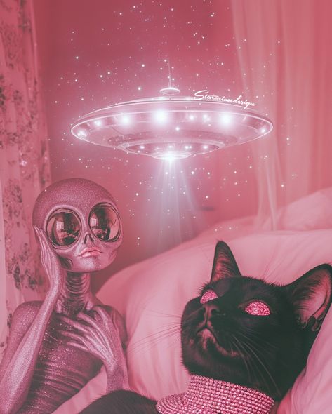 The black cat looked up at the alien and said, “Take me to your litter!” 😸👽🛸 Happy Caturday! 🩷 All my love, Your Starcrime alien AKA Heather . . . #PinkVibes #GlitterArt #glitterartist #UFOArt #AlienArt #scifiartwork #catartwork #catlove #catlovers Alien Baddie Aesthetic, Alien Baddie, Bling Aesthetic, Baddie Cartoon, Celestial Aesthetic, Scifi Artwork, Alien Cat, Ufo Art, Alien Aesthetic