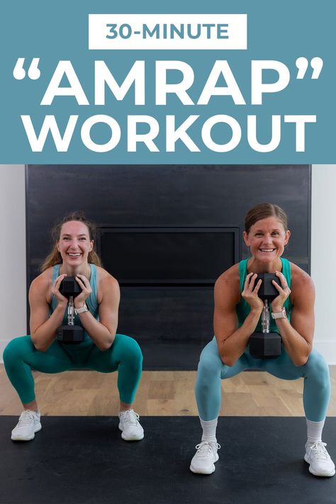 Build total body strength and raise your heart rate with this full body AMRAP workout! AMRAP (as many rounds as possible) means you work at your pace. This full body dumbbell workout pairs a lower body exercise and an upper body exercise in each circuit for a total body burnout. Count your reps and work at your pace. Dumbbell Amrap Workout, Nml Workouts, Mom Exercise, Upper Body Exercise, Barre Workout Video, Ladder Workout, Full Body Dumbbell, Pregnancy Workout Videos, Amrap Workout