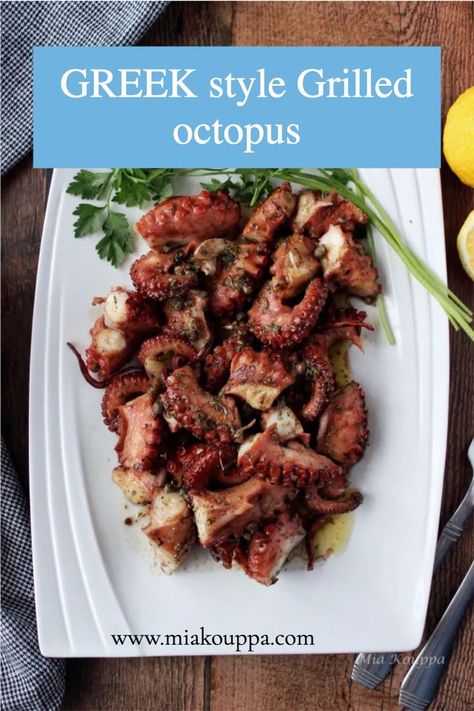 Greek style grilled octopus. Traditional Greek Recipes, Greek Meze, Octopus Recipes, Seafood Dish Recipes, Greek Appetizers, Grilled Octopus, Greek Dishes, Man Food, European Food