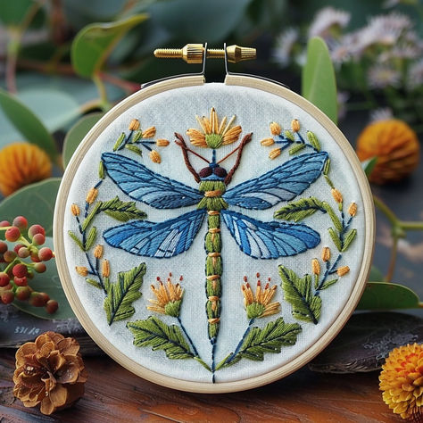 Let's stitch this beautiful dragonfly and floral hand embroidery pattern 🐉🌸. Perfect for a 6-inch embroidery hoop. Instant download pattern for embroidery stitching enthusiasts. #EmbroideryPattern #HandEmbroidery #DragonflyEmbroidery #FloralStitching #EmbroideryDesign Dandelion Embroidery Pattern, Embroidery Dragonfly, Dragonfly Crafts, Dragonfly Embroidery Design, Insect Embroidery, Embroidered Dragonfly, Pattern For Embroidery, Dragonfly Embroidery, Nature Embroidery