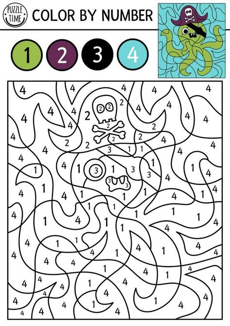 Vector pirate color by number activity with octopus in pirate hat and eye patch. Treasure island scene. Black and white counting game with cute animal. Sea adventures coloring page for kids Scene Black And White, Scene Black, Number Activity, Counting Games, Pirate Hat, Number Activities, Adventure Of The Seas, Pirate Hats, Color By Number