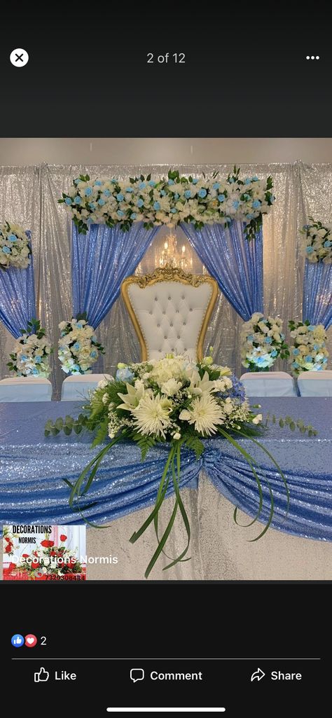 French Blue Quince Theme, Cinderella Theme Quinceanera Decorations, Blue Quinceanera Table Decorations, Main Table Quinceanera Blue, Light Blue Quinceanera Decorations Main Table, Light Blue Venue Quince, Baby Blue Quince Decorations, Quince Court Table Blue, Cinderella Centerpiece Ideas Quince