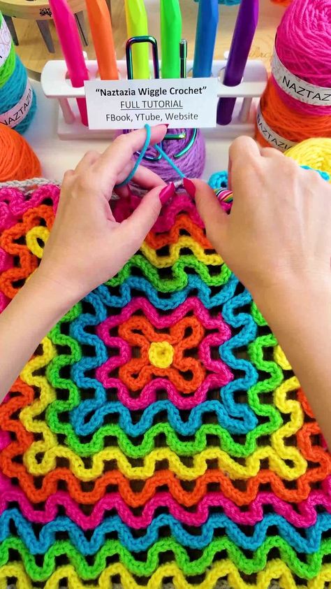 Wiggle crochet is a technique that uses a crochet mesh, which you work around to create a 3D effect. I'm using half double crochet for my colorful stitches. #reels #crochet #knitting #embroidery #handmade #artwork #makingmemories #textile #color #naztazia #tutorial | Naztazia | Stitch Shorts, Textured Blankets, Yarn Ideas, Knitting Embroidery, Crochet Business, Sewing Crochet, Crochet Creations, Handmade Artwork, 3d Effect