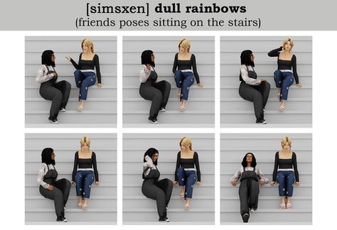 Dull Rainbows - friends poses sitting on the stairs | Patreon Talking Poses, Poses Sitting, Sims 4 Patreon, Group Poses, Sitting Poses, Sims 4 Cc Finds, Friends Poses, Custom Content, The Sims 4