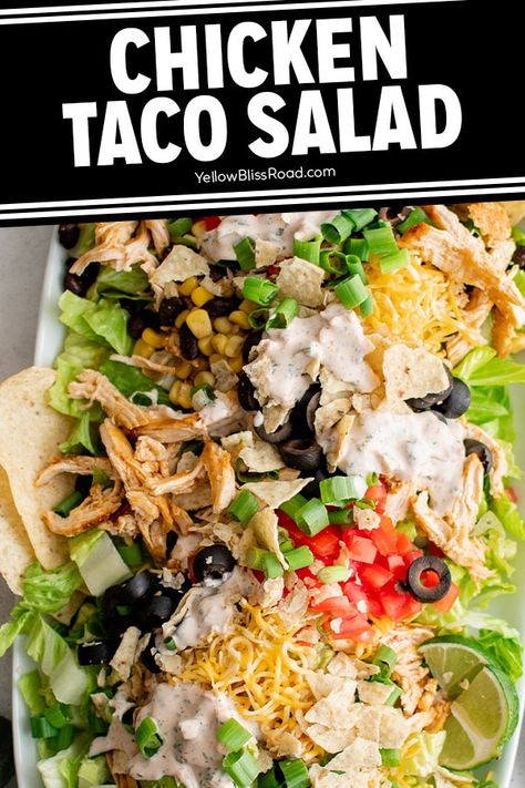 Chicken Taco Salad Lite Dinners, Chicken Taco Salad Recipe, Salsa Ranch Dressing, Salsa Ranch, Summer Lunches, Quick Easy Lunch, Chicken Taco Salad, Chicken Salads, Tortilla Strips