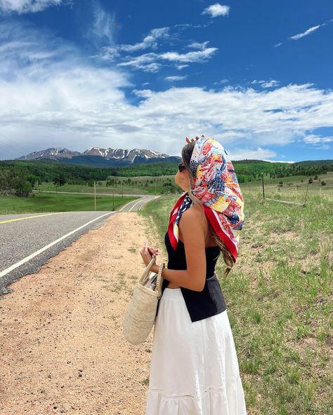 Mountains Colorado Summer Headscarf Headscarf Outfit Ideas Mediterranean Head Scarf, Summer Headscarf, Headscarf Outfit, Headscarf Summer, Head Scarf Outfit, Scarf Outfit Summer, Mountains Colorado, Head Scarf Tying, Colorado Summer