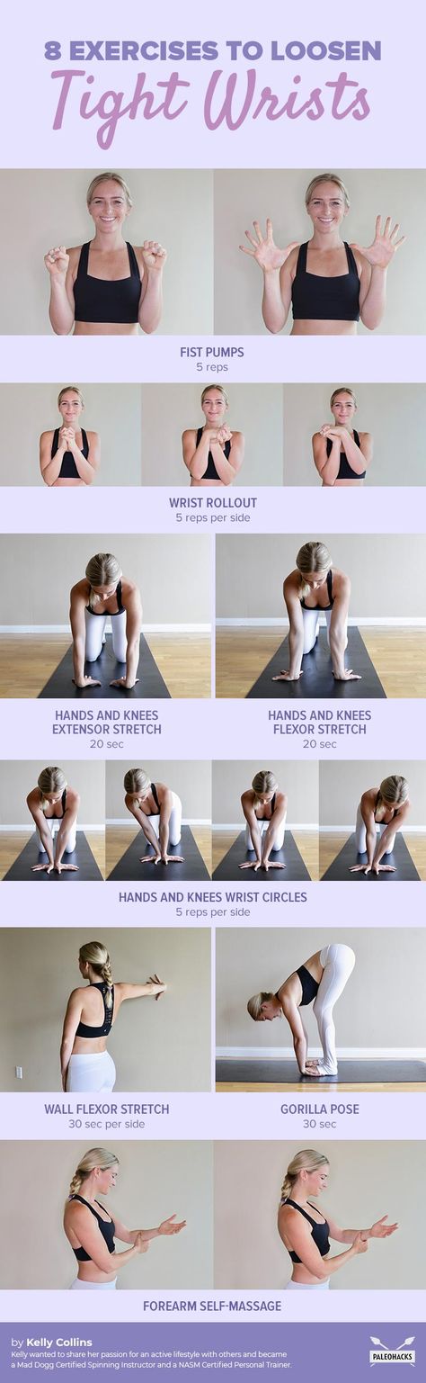 Wrist Mobility: 8 Exercises to Loosen Tight Wrists | PaleoHacks Blog Ballerina Meals, Wrist Mobility, Wrist Stretches, Postpartum Fitness, Wrist Exercises, Mobility Exercises, Self Massage, At Home Exercises, Yoga Stretches