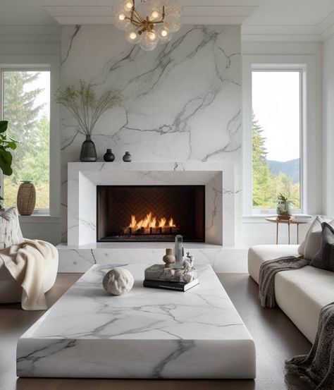 Modern stylish fireplace design ideas. Trending, clean lines and using natural materials like marble, travertine, limestone quartzite. Quartzite Fireplace Surround, Marble Chimney, Stylish Fireplace, Fireplace Feature, Wood Mantle Fireplace, Fireplace Design Ideas, Contemporary Fireplace Designs, Design Camino, Sleek Fireplace