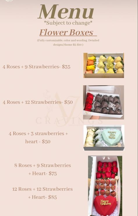 Box Of Chocolate Strawberries, Chocolate Covered Strawberries Menu Ideas, Strawberry Buisness Name, Chocolate Covered Strawberries Pricing, Chocolate Covered Treat Prices, Strawberry Treat Boxes, Strawberry Business Name Ideas, Prices For Chocolate Covered Strawberries, Dipped Treats Price List