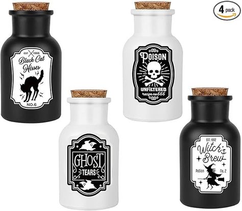 Amazon.com: Halloween Decorations for Home - Set of 4 Apothecary Potion Bottles with stickers - Scary Witch Poison Ghosts Black Cat Farmhouse Tiered Tray Decor For Home Table Party Supplies : Home & Kitchen Witch Poison, Farmhouse Tiered Tray Decor, Halloween Jars, Halloween Potion Bottles, Apothecary Labels, Potion Labels, Farmhouse Tiered Tray, Spooky Home Decor, Scary Witch