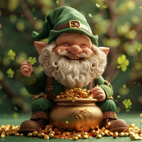 Today's Midjourney Experiment. Prompts: Leprechaun, St. Patrick Day gnome, happy, smiling, holding a four-leaf clover, leaning on a pot of gold overflowing with gold coins, bubbly cartoon art, 3D rendering, isolated, on light green background with shamrock pattern --stylize 600 --v 6 Leprechaun Art, Shamrock Pattern, Good Luck Spells, Light Green Background, Luck Spells, Saint Patties, Pot Of Gold, Art 3d, Leaf Clover