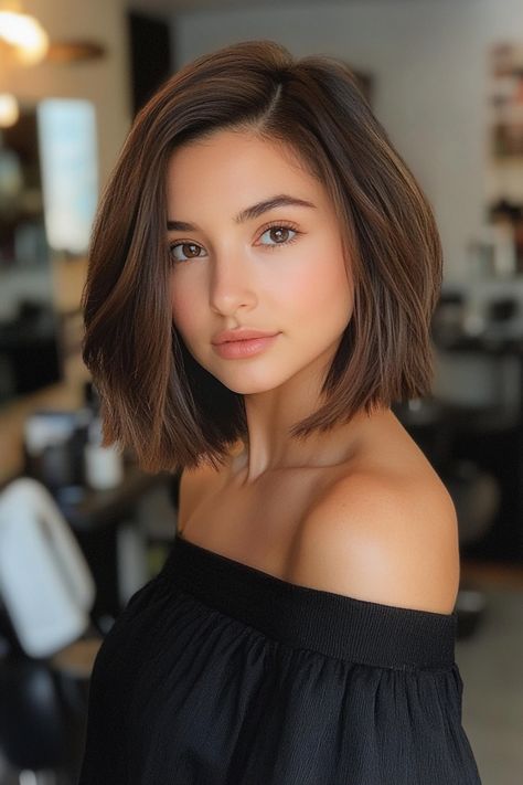 Woman with a shoulder-length bob haircut wearing an off-the-shoulder black top, in a salon setting. Short Haircut Low Maintenance, Low Maintenance Bob Haircut, Sliced Bob Haircut, Low Maintenance Bob, Bob Hairstyles Women, Asian Hair Bob, Bob Pendek, Mushroom Chocolate, Classic Bob Haircut