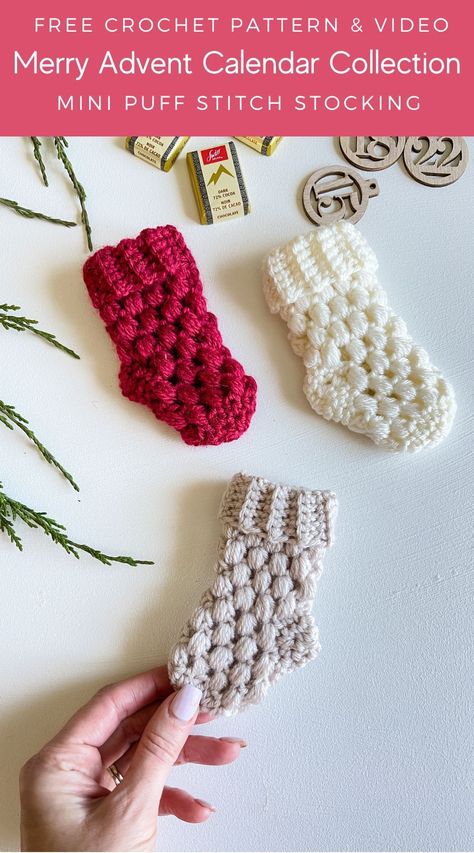 Free crochet pattern for my blog subscribers. The Mini Puff Stitch Stocking is a part of MJ’S Merry Advent Calendar. Begin your Crochet projects for Christmas. Start this Holiday season with everyone’s Christmas favourite, a decorative advent calendar! Made up of 6 beautifully made stockings and mittens to fill with goodies. Crochet Mini Stocking Advent Calendar, Crochet Projects For Christmas, Mini Crochet Stocking, Crochet Stocking Pattern Free, Crochet Stocking Pattern, Crochet Advent Calendar, Stocking Pattern Free, Xmas Crochet, Advent Calendar Pattern