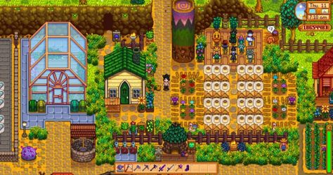 Stardew Valley - Standard Farm | multiplayer cabin fully upgraded > rarecrows > junimo hut > earth obelisk > greenhouse | LadyAmalthea Stardew Valley Farm Ideas, Stardew Valley Greenhouse, Mushroom Cave, Stardew Valley Farm, Stardew Farms, Greenhouse Design, Stardew Valley Layout, Stardew Valley Tips, Stardew Valley Farms