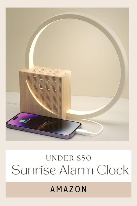 SUNRISE ALARM CLOCK UNDER $50! #amazon #amazonfind #sunrisealarmclock #alarm #clock #sunrise #white #office #bedroom Cute Alarm Clock, Sunrise Alarm, White Noise Sound, Sunrise Alarm Clock, Touch Table Lamps, Touch Table, Innovative Gadget, Sound Machine, Cool New Gadgets