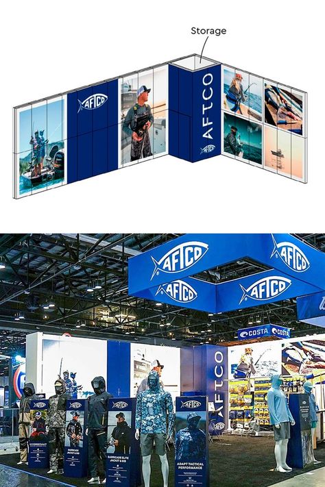 Booth with cardboard walls and storage Sustainable Booth, Fishing Booth, Inside Activities, Trade Show Booth Ideas, Cardboard Projects, Show Booth Ideas, Module Design, Trade Show Booth, Graphic Material