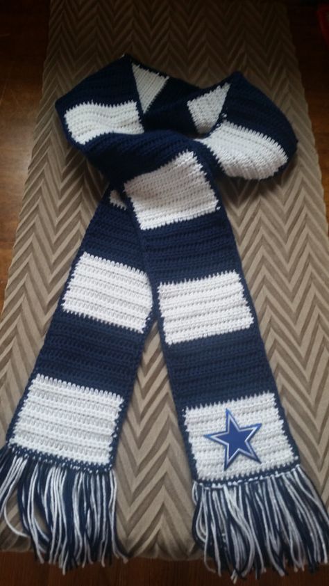 Dallas Cowboys inspired scarf by CosettePriceShop on Etsy Dallas Cowboy Crochet, Scarfs Crocheted, Dallas Cowboys Crochet, Cowboys Crochet, Dallas Cowboys Blanket, Cowboy Crochet, Crochet Hat Ideas, Bamboo Crochet, Crocheted Scarves