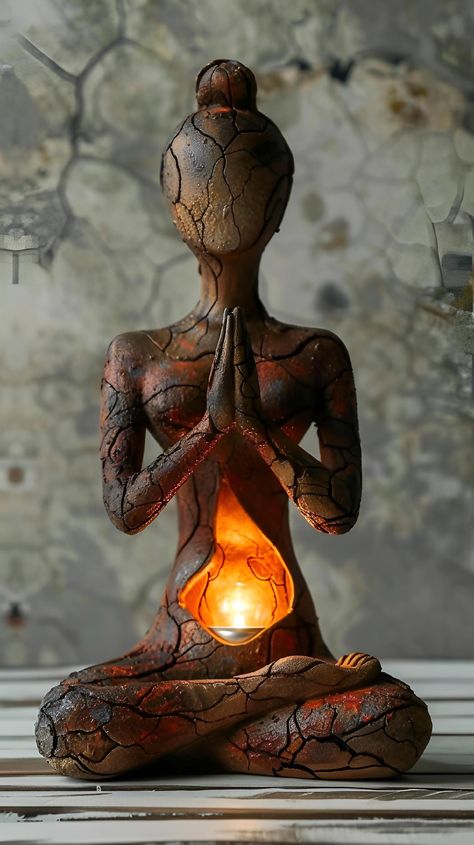 Save & follow for more stunning art! This serene sculpture captures a meditative figure in a yoga pose, hands in prayer. The earthy, cracked texture elicits a rustic charm, perfect for elevating your space. Own this unique piece and bring tranquility to your home decor. #art #sculpture #interiors #zen #meditation #homedecor #rustic #yogapose #artisan #earthyvibes #imageprompt #Aiimage Cool Sculptures, Yoga Sculpture, Cracked Texture, Condo Interior Design, Mexican Culture Art, Home Decor Sculptures, Decor Sculpture, Architecture Drawing Art, Zen Meditation