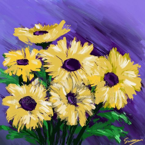 Split Complementary Color Scheme, Yellow Flowers Painting, Flowers In Vase Painting, Color Theory Art, Small Purple Flowers, Small Yellow Flowers, Unique Canvas Art, Purple Painting, Rooster Painting