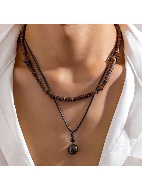 Brown  Collar  Zinc Alloy   Embellished   Men Accessories Mens Alt Jewelry, Guy Necklace Aesthetic, Diy Necklace For Boyfriend, Sweaty Man, Necklace Set Simple, Guy Jewelry, Aladdin Costume, Necklace Man, Hippie Men