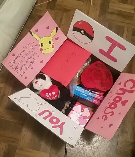 Valentines day pokemon themed care package Pokemon Valentines, Valentines Gift Basket, Valentines Day Care Package, Pokemon Valentine, Nerdy Valentines, Valentine Gift Baskets, Pokemon Craft, Nerdy Gifts, Bf Gifts