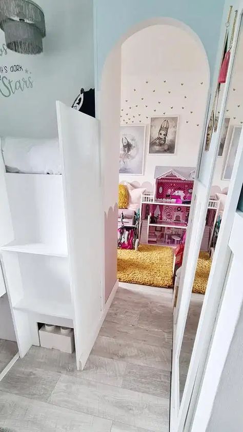 Splitting A Bedroom In Two, Bunk Bed Hacks, Kids Room Divider, Bedroom Divider, Girls Bunk Beds, Shared Girls Bedroom, Bottom Bunk, Light Blue Walls, Chimney Breast