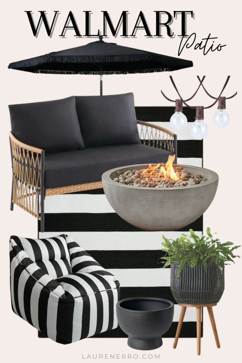 7 Backyard Patio Decorating Ideas On A Budget - Lauren Erro Black White Patio Ideas, Outdoor Patio Ideas On A Budget Decor, Outdoor Front Patio Ideas, Black And White Patio Decorating Ideas, Deck Styling Outdoor, Narrow Deck Furniture Layout, Patio Setup Ideas, Outdoor Patio On A Budget, Uncovered Patio Ideas