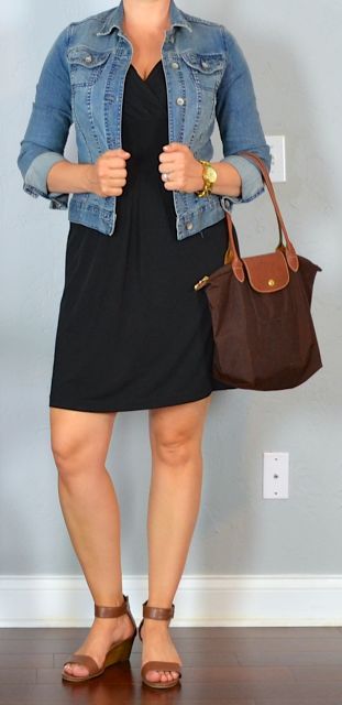 Starter business casual capsule wardrobe checklist | Outfit Posts | Bloglovin' Black Dress Jean Jacket, Brown Sandals Outfit, Brown Wedges Outfit, Ladies Black Dress, Dress Jean Jacket, Wedges Outfit, Jean Jacket Outfits, Brown Wedge Sandals, Dress With Jean Jacket