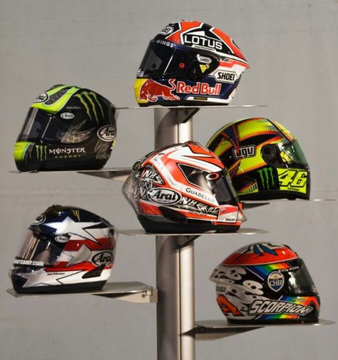 MotoGP 2013 helmets Helmet Shop Interior Design, Laundry Room Ideas Garage, Helmet Display Ideas, Shoe Storage Garage, Garage Laundry Room Ideas, Motorcycle Showroom Interior, Garage Shoe, Garage Shoe Storage, Garage Laundry Rooms