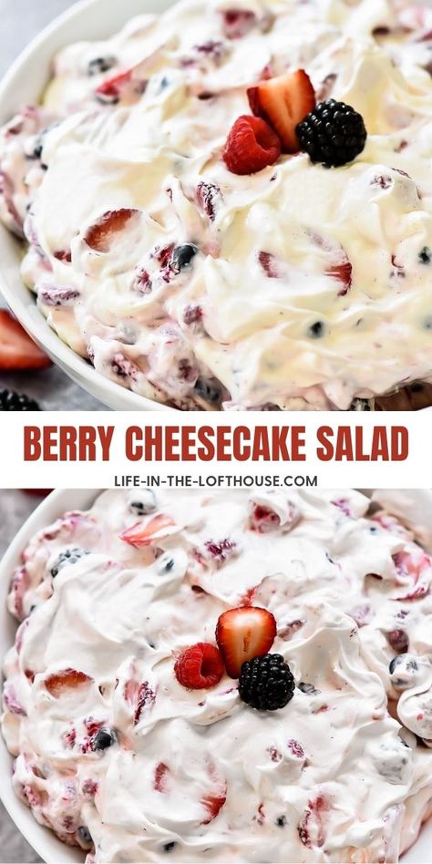 Berry Cheesecake Salad - Life In The Lofthouse Berry Cheesecake Salad, Berry Cheesecake Recipes, Strawberry Cheesecake Salad, Life In The Lofthouse, Cheesecake Fruit Salad, Grain Salads, Cheesecake Salad, Easy Summer Dessert Recipes, Fluffy Cheesecake