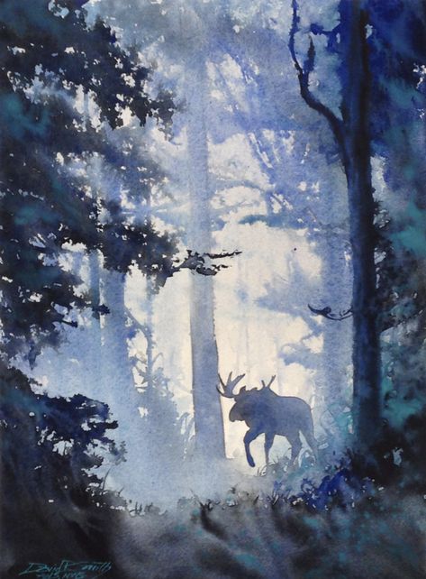 Tall Watercolor Paintings, Moose Watercolor, Alaska Painting, Monochromatic Watercolor, Watercolor Art Landscape, David Smith, Zen Tangle, Watercolor Tutorial, Getting A Tattoo