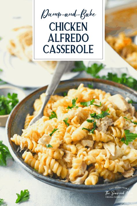 A 10-minute crowd-pleaser, this Dump and Bake Chicken Alfredo Casserole is an easy, cheesy, comfort food dinner for your busiest weeknights -- and you don't even have to boil the pasta! Serve the simple Chicken Alfredo Bake with a side of broccoli, a crisp green salad, garlic bread or a crusty baguette. With a jar of Alfredo sauce and a rotisserie chicken, it's one of the quickest meals you'll ever prep! Simple Baked Pasta Recipes, Simple Chicken Alfredo, Dump And Bake Chicken Alfredo, Chicken Alfrado, Dump And Bake Chicken, Homemade Chicken Alfredo, Easy Alfredo, Pasta Casseroles, Alfredo Recipes