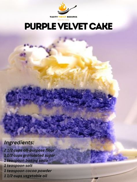 Purple Velvet Cake is a stunning variation of the classic red velvet cake, swapping the traditional red hue for a mesmerizing purple. This cake maintains the beloved moist, tender crumb and tangy flavor profile, enhanced with a vibrant purple color that makes it a showstopper for any occasion. Whether you're celebrating a birthday, hosting a themed party, or simply want to add a pop of color to your dessert table, Purple Velvet Cake is sure to impress. Here's how to make it: Purple Velvet Ca... Purple Velvet Cake, Purple Velvet Cakes, Red Velvet Flavor, Purple Food Coloring, Velvet Cake Recipes, Prince Party, Instagram Recipes, Purple Food, Twisted Recipes