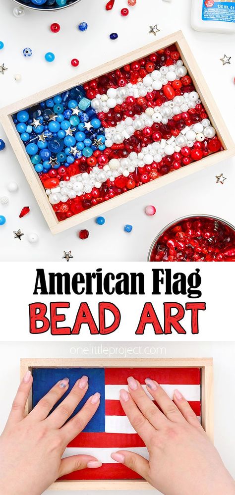 This American flag bead art is SO PRETTY! It's such a great craft for summer, Memorial Day, and the 4th of July. Both kids and adults will love making this red, white, and blue bead craft in the shape of the flag. It looks so pretty on display, and you only need a wooden frame and beads. America The Beautiful Crafts For Kids, 4th Of July Crafts For Adults, Flag Art Project, Craft For Summer, Diy American Flag, 4th Of July Craft, American Flag Crafts, 4h Projects, Fireworks Craft