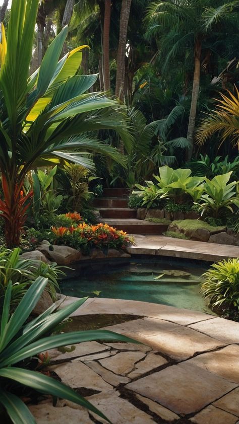 Transform your outdoor space into a tropical oasis with these stunning landscaping ideas From pool areas to facades gardens to residential murals and everything in between - this blog post covers it all Find inspiration for your casa corridors colorful verandas interiors projects jasmine gardens and beachfront retreats Embrace the beauty of lush greenery vibrant hues and serene beach vibes in your own backyard Veranda Interiors, Tropical Landscape Design, Small Water Features, Landscaping Inspiration, Tropical Escape, Grasses Garden, Paradise Found, Small Ponds, Colorful Plants